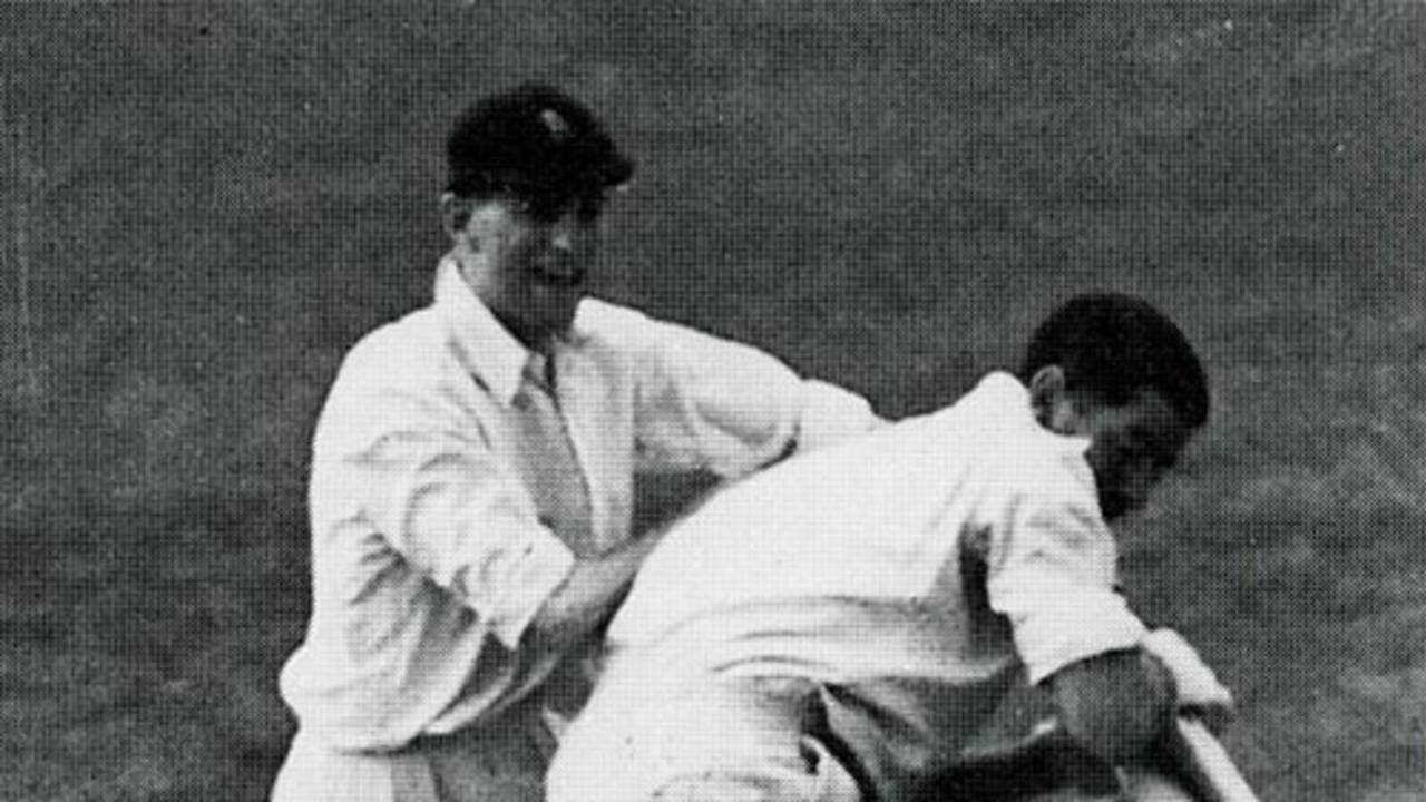 Len Hutton good-naturedly scraps with Chuck Fleetwood-Smith for a souvenir, England v Australia, 5th Test, The Oval, August 24, 1938