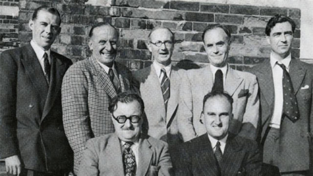 The BBC commentary team in 1951: Back - Steve de Villiers, Arthur Gilligan, Rex Alston, Charles Fortune, John Arlott.  Front: Roy Webber, Arthur Wrigley, The Oval, August 1951