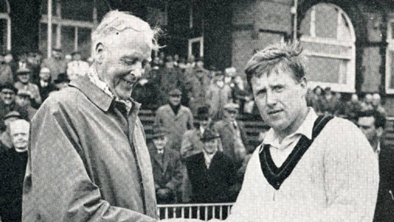 Peter Marner receives the Man-of-the-Match award from Frank Woolley. He was the first man to receive such an award and he got it for making 121 and taking 3 for 49, Lancashire v Leicestershire, Old Trafford, Gillette Cup preliminary round, May 1,1963