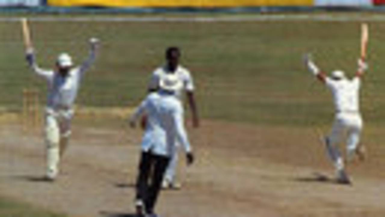 Wayne Larkins and Alec Stewart celebrate victory at Kingston, West Indies v England, 1st Test, Jamaica, March 1, 1990