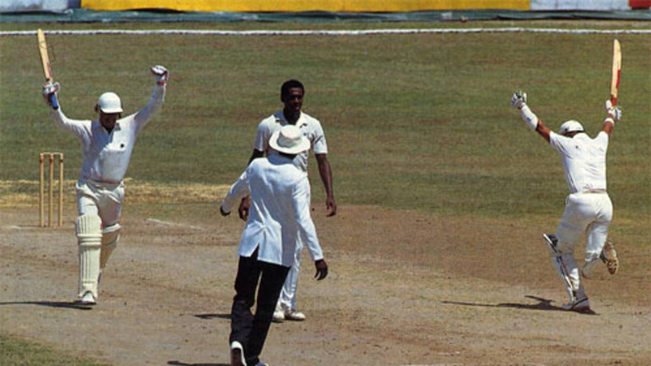 Wayne Larkins and Alec Stewart celebrate victory at Kingston, West Indies v England, 1st Test, Jamaica, March 1, 1990
