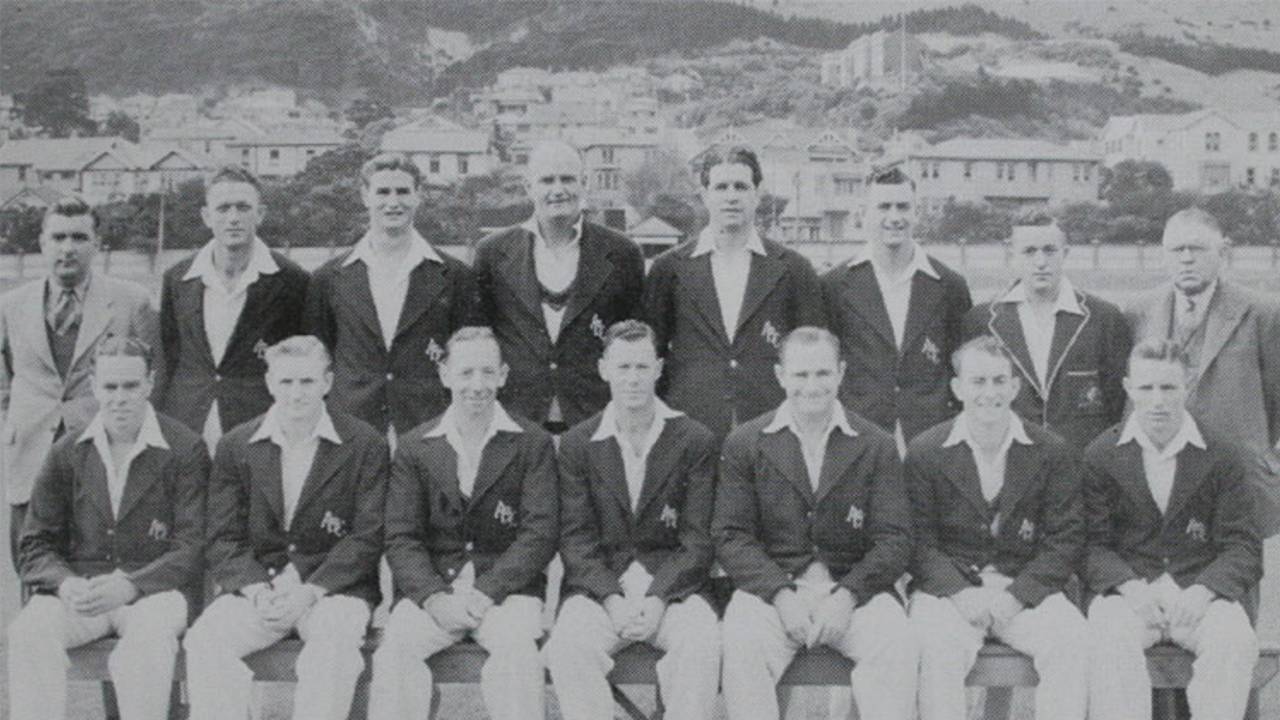 The Australians in New Zealand, 1946. Standing: W. Watts (scorer), D. Tallon, K.R. Miller, W.J. O'Reilly, E.R.H. Toshack, B. Dooland, R.A. Hamence, E.C. Yeomans (manager). Seated: I.W. Johnson, C.V. McCool, A.L. Hassett, W.A. Brown (captain), S.G. Barnes, K.D. Meuleman, R.R. Lindwall. Note the logos on the blazers