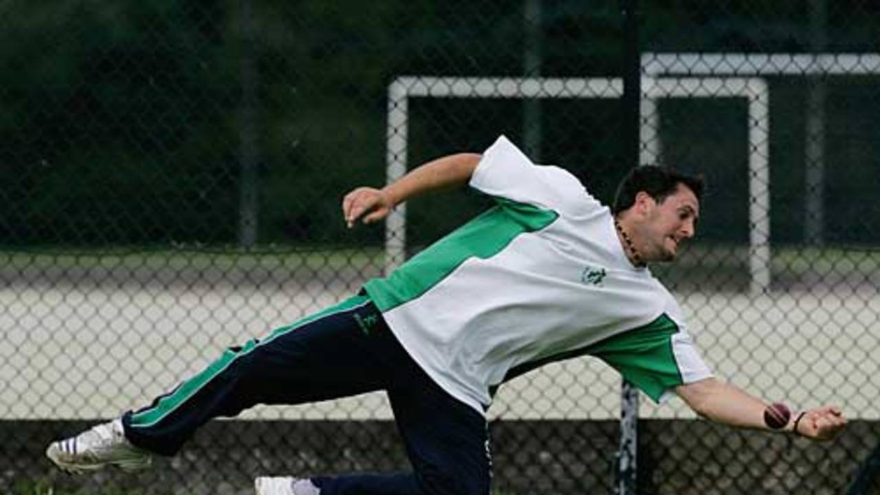 Thinus Fourie drops a catch during Ireland's training session