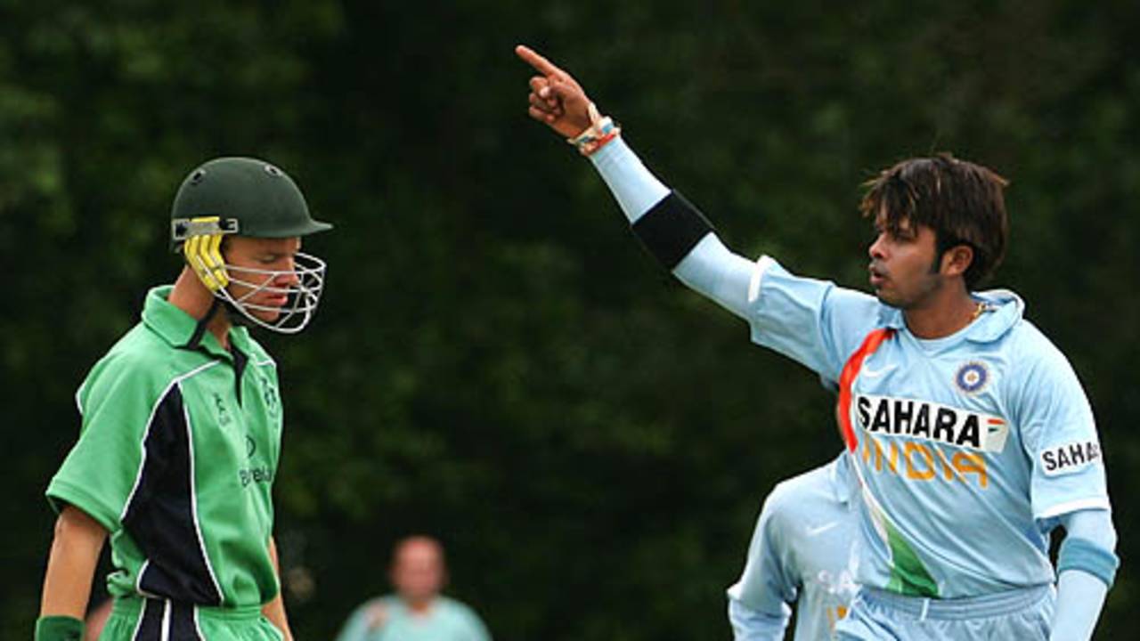 Sreesanth celebrates the wicket of Ireland opener Kenneth Caroll