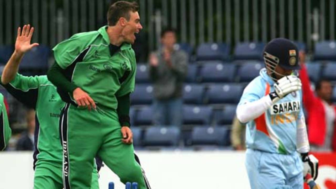 Ireland's Roger Whelan celebrates the wicket of Sachin Tendulkar 