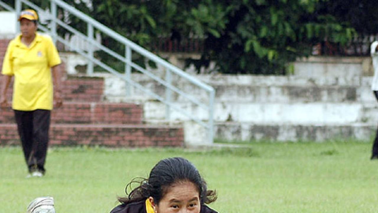 Champa Chakma dives towards the ball during a practice session 