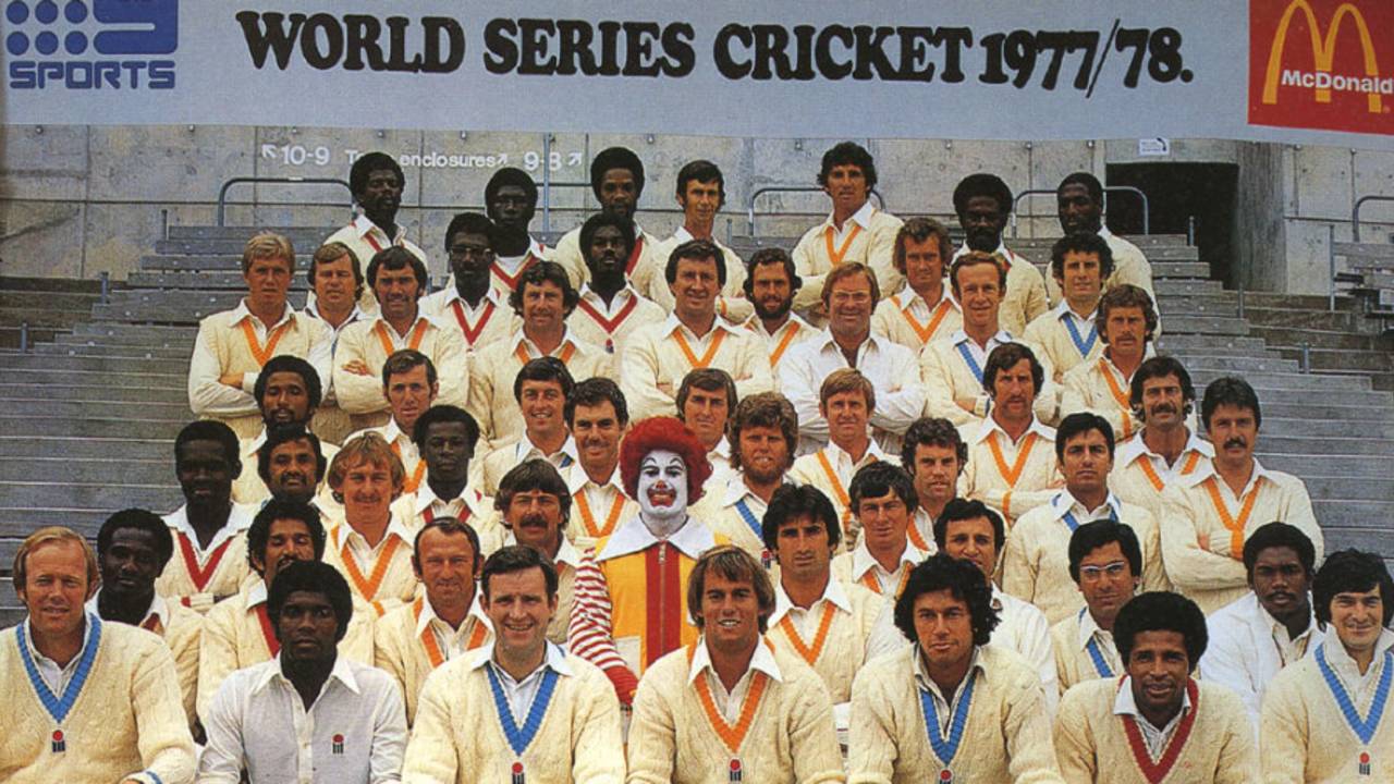 World Series Cricket signings pose - with a fast-food clown - at the launch of Kerry Packer's venture, November 1977