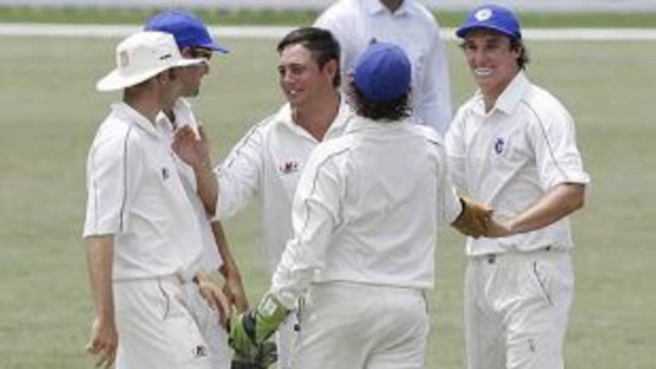 Mark Higgs celebrates removing Virender Sehwag, ACT XI v Indians, 3rd day, Canberra, January 12, 2008