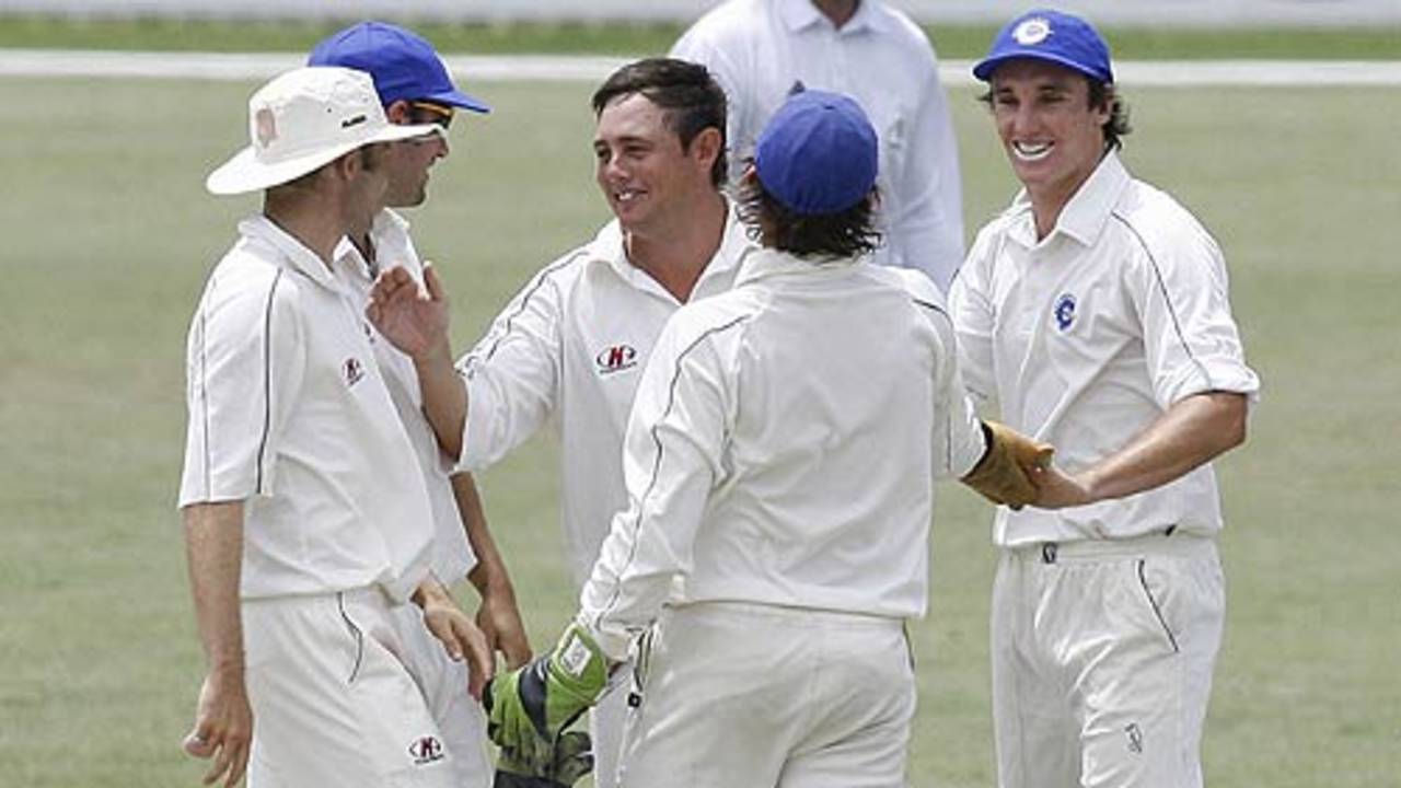 Mark Higgs celebrates removing Virender Sehwag, ACT XI v Indians, 3rd day, Canberra, January 12, 2008
