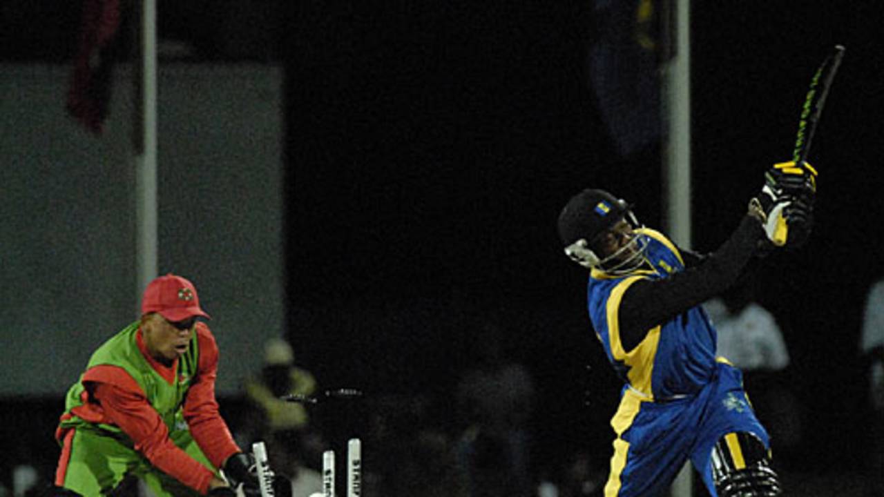 Barbados' Ahmed Proverbs is bowled by Roy Marshall, Barbados v Dominica, 9th match, Stanford 20/20, Antigua, February 5, 2008