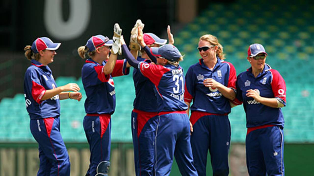 Rosalie Birch is congratulated for dismissing Shelley Nitschke, Australia v England, 5th Women's ODI, Sydney, February 11, 2008