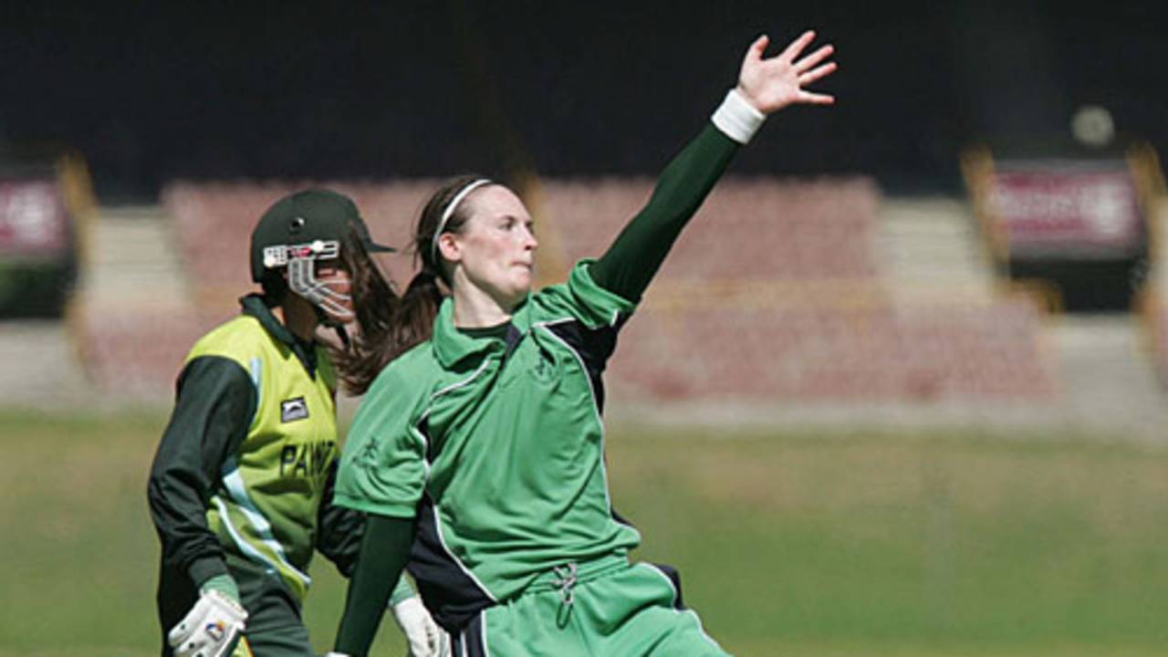 Ireland captain Heather Whelan bowls against Pakistan