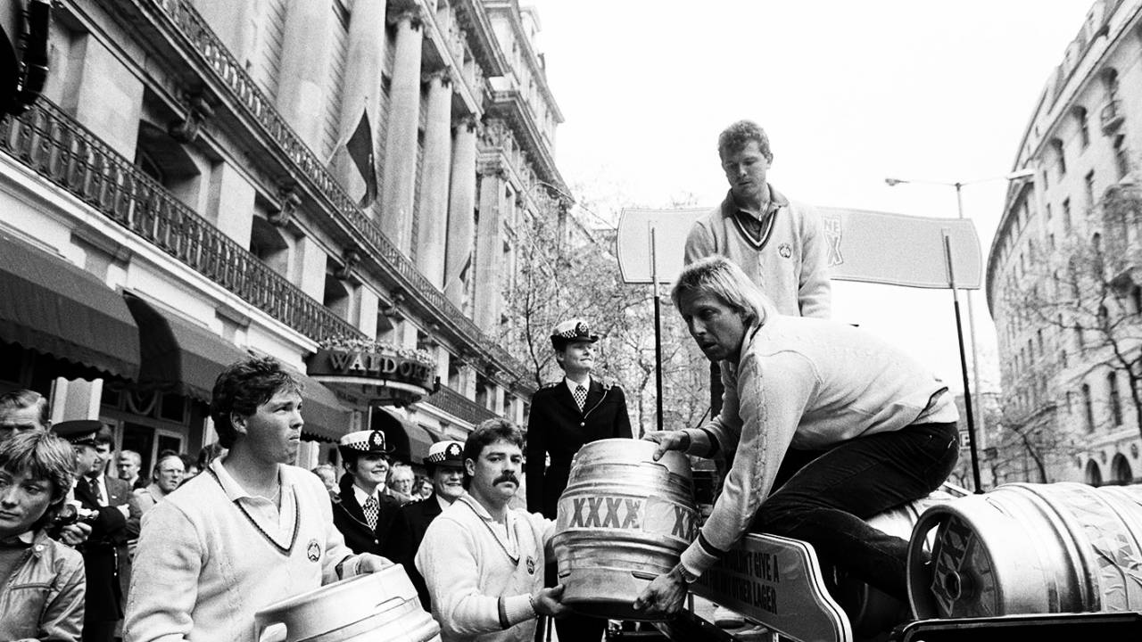 Greg Ritchie, David Boon, Jeff Thomson and Craig McDermott help to load barrels of beer