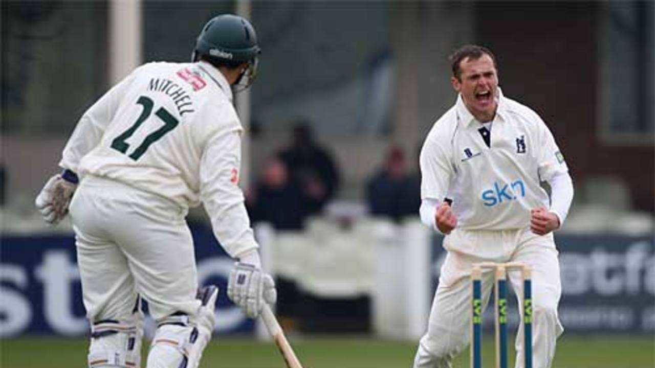 Lee Daggett takes Worcestershire's first wicket, Daryl Mitchell lbw