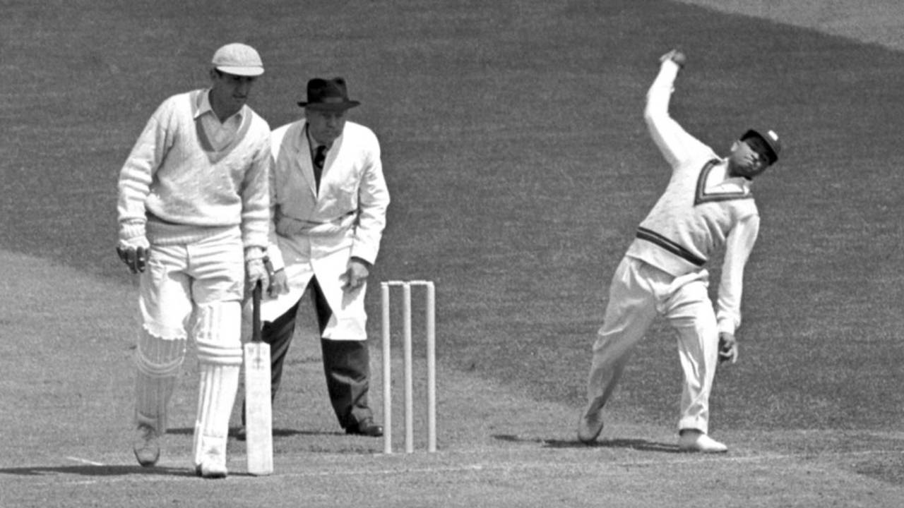 Sonny Ramadhin bowls in a tour match on the West Indies tour of England in 1957
