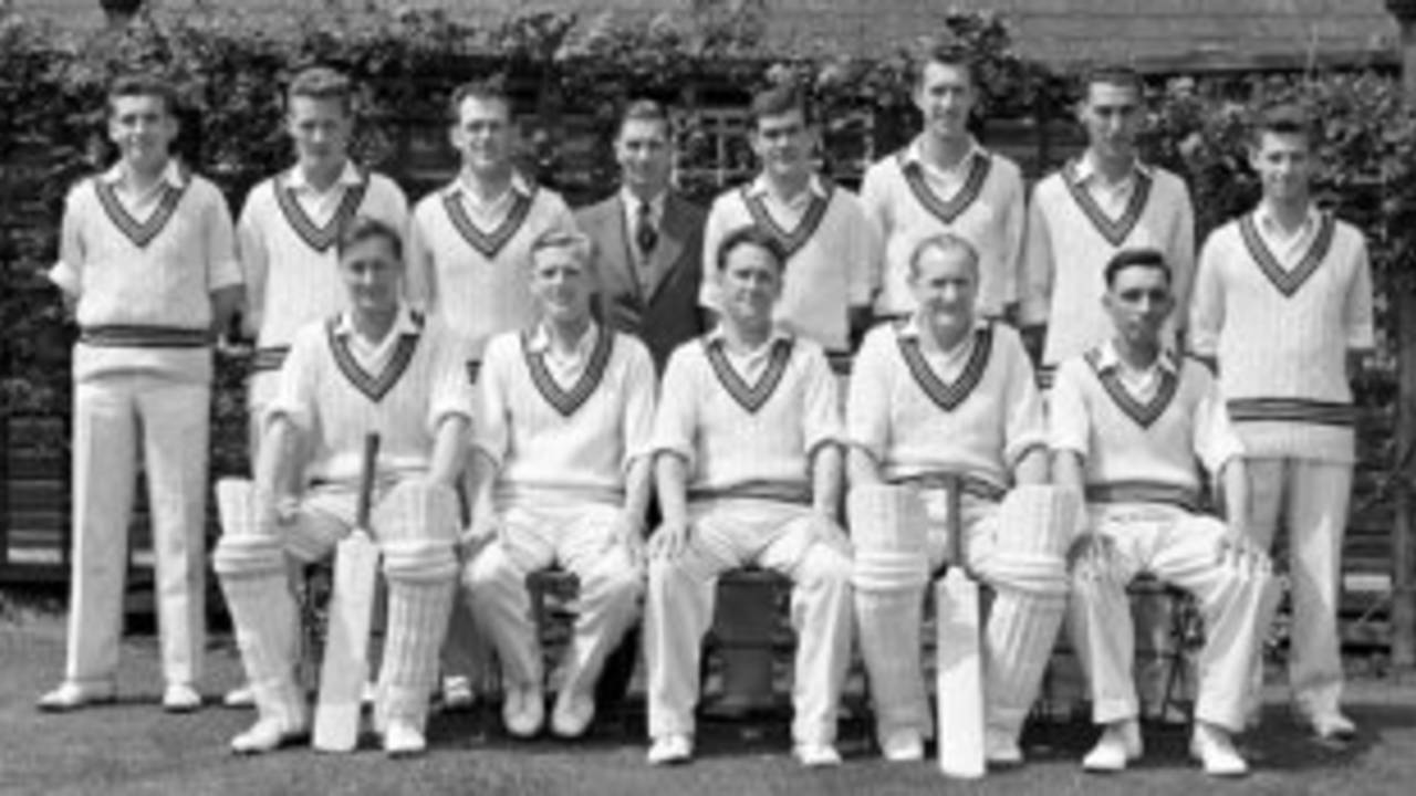 The Somerset squad in 1961. Back: John Miles Lawrence, Brian Langford, Ken Palmer, T. Tout (scorer), Graham Atkinson, Ken Biddulph, Haydn Sully, Brian Roe. Front: Colin Atkinson, James Geoffrey Lomax, Harold Stephenson, Bill Alley, Peter Wight.