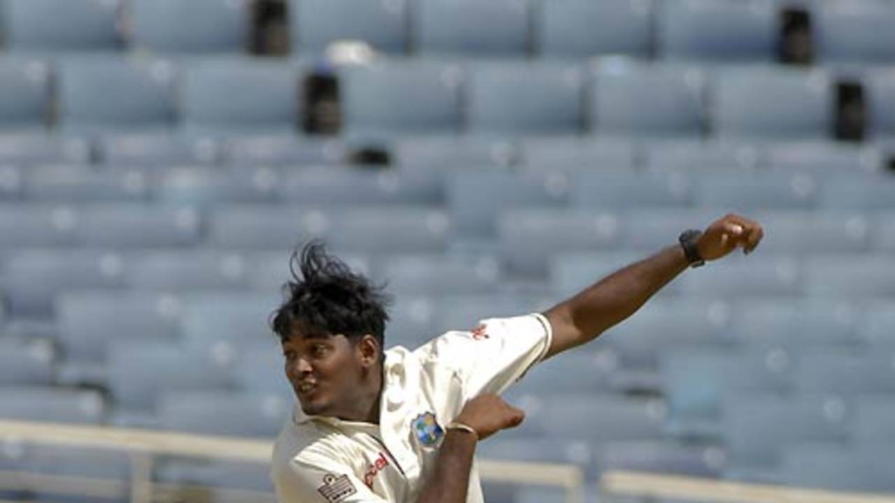 Amit Jaggernauth bowls in his debut Test