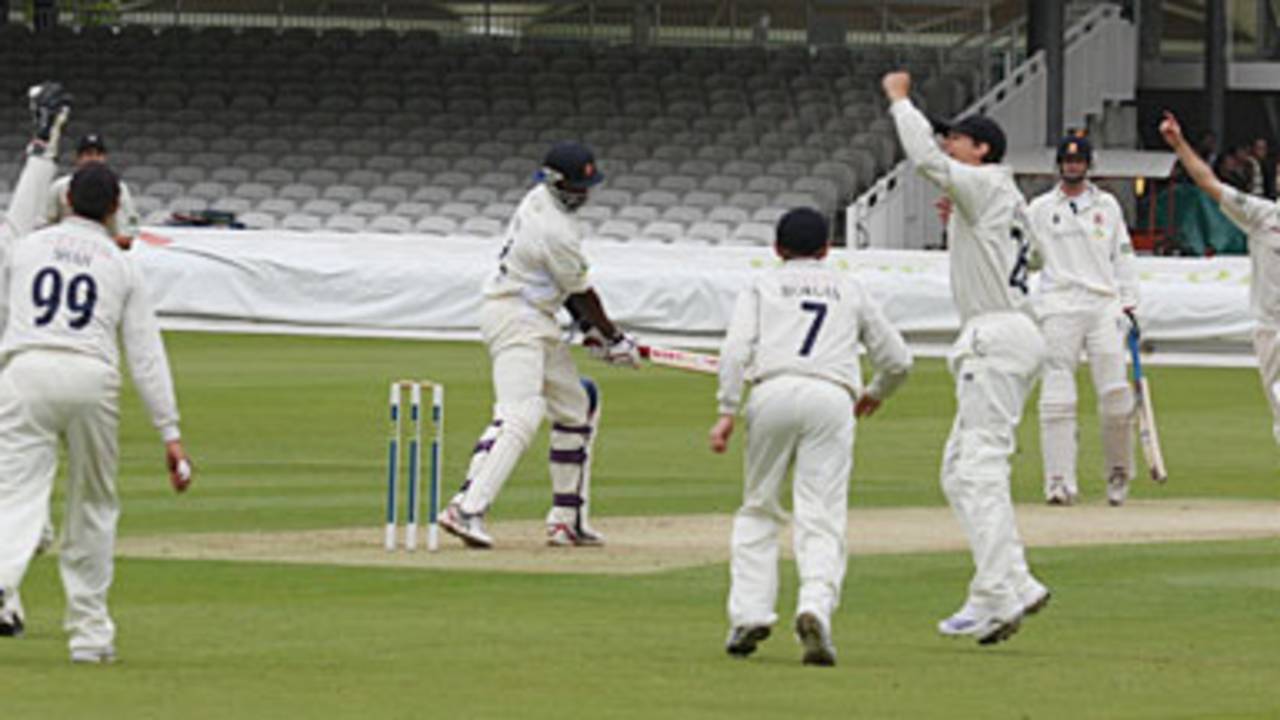 Tim Murtagh picks up his fifth wicket, Ben Scott his fifth catch, as Alex Tudor departs, Middlesex v Essex, Lord's, June 6, 2008