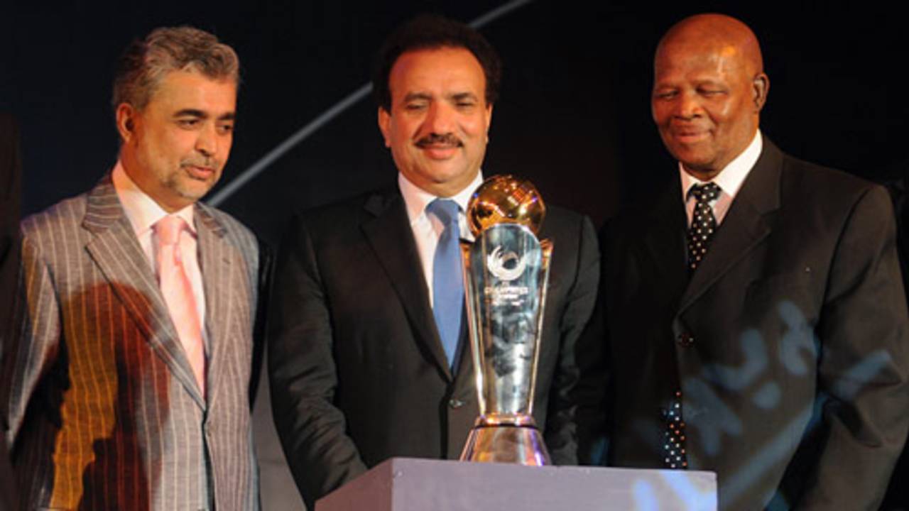 Nasim Ashraf, Rehman Malik and Ray Mali after unveiling the Champions Trophy