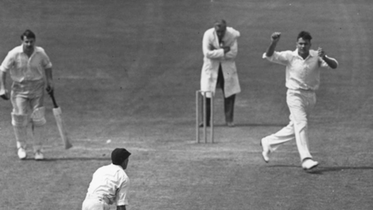 Alec Bedser bowls Derbyshire's Bert Alderman, Surrey v Derbyshire, July 25, 1947