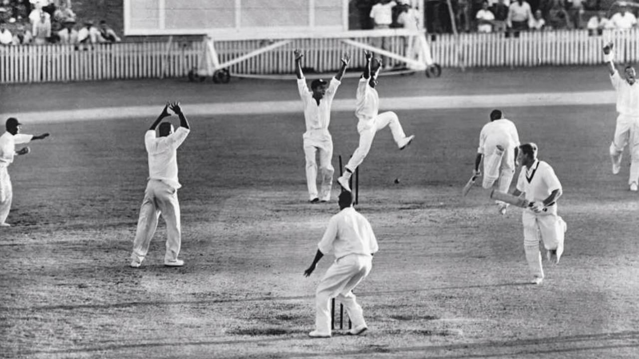 The final play of the first Tied Test, Australia v West Indies, 1st Test, Brisbane, 14 December, 1960