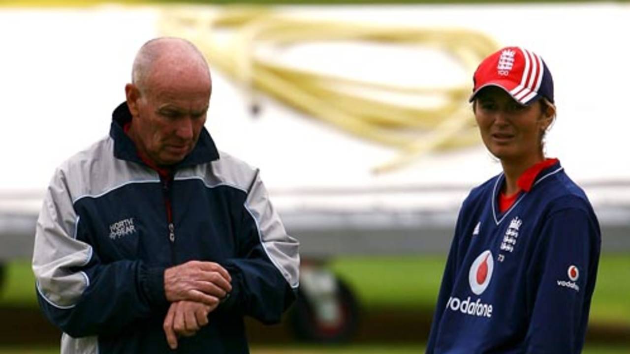 Jack Birkenshaw and Charlotte Edwards inspect the conditions, England v India, 4th women's ODI, Arundel, September 7, 2008