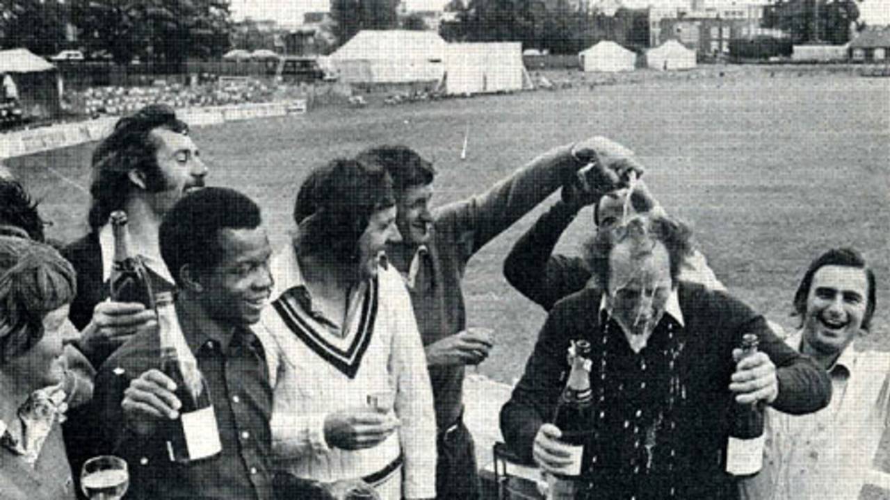 Norman Gifford gets a champagne shampoo after Worcestershire are confirmed as 1974 County Champions.  From left to right Glenn Turner, John Inchmore, Ron Headley, Jim Yardley, Brian Brain, Vanburn Holder (behind Gifford) and Alan Ormrod, Chelmsford, September 3, 1974
