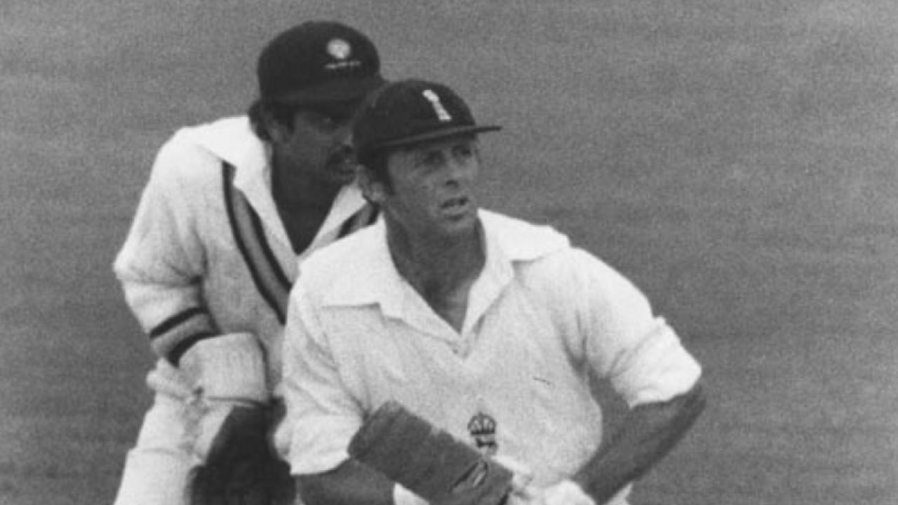 Wicketkeeper Bharath Reddy watches Geoffrey Boycott manoeuvre the ball to the on side, England v India, 4th Test, Old Trafford, September 3, 1979