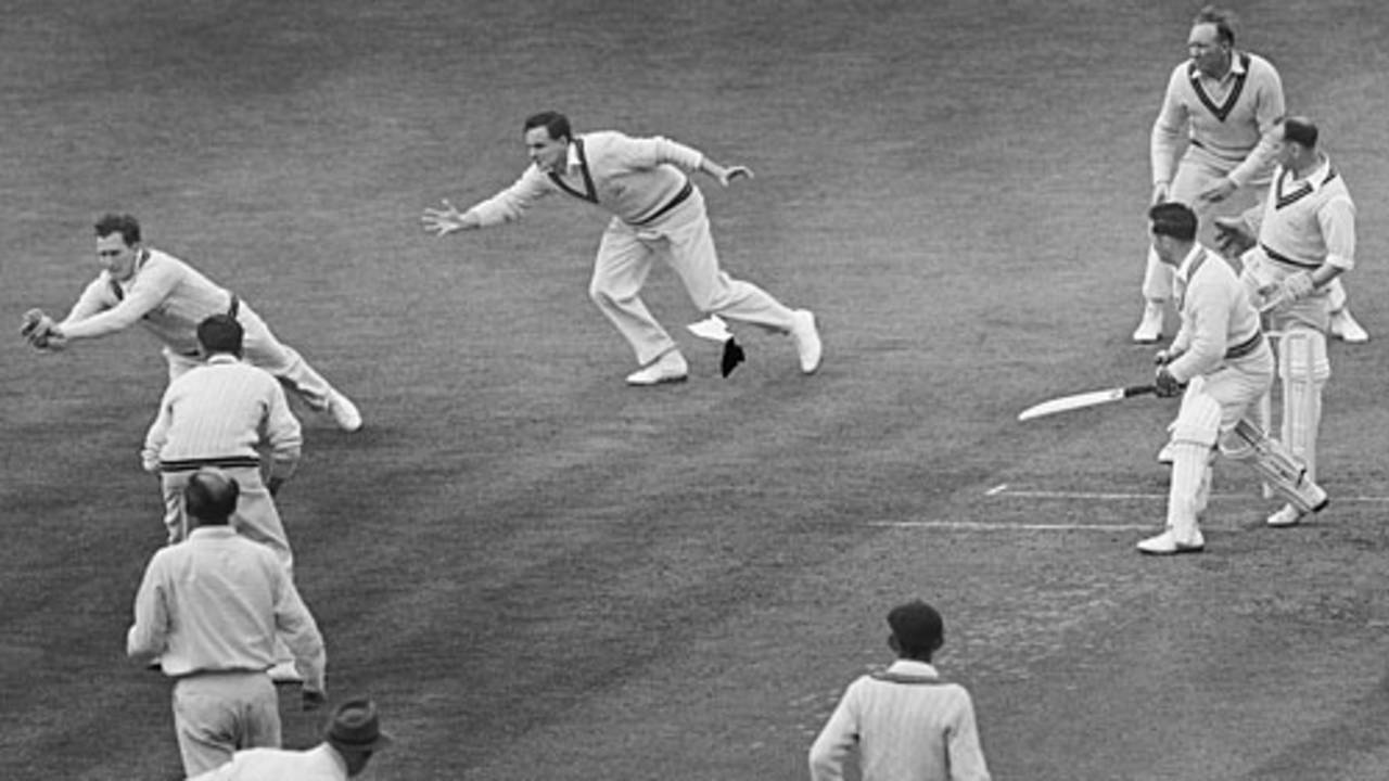 Jim Laker holds on to a catch from Roy Smith off Tony Lock, Surrey v Somerset, County Championship, 1st day, The Oval, May 14, 1955