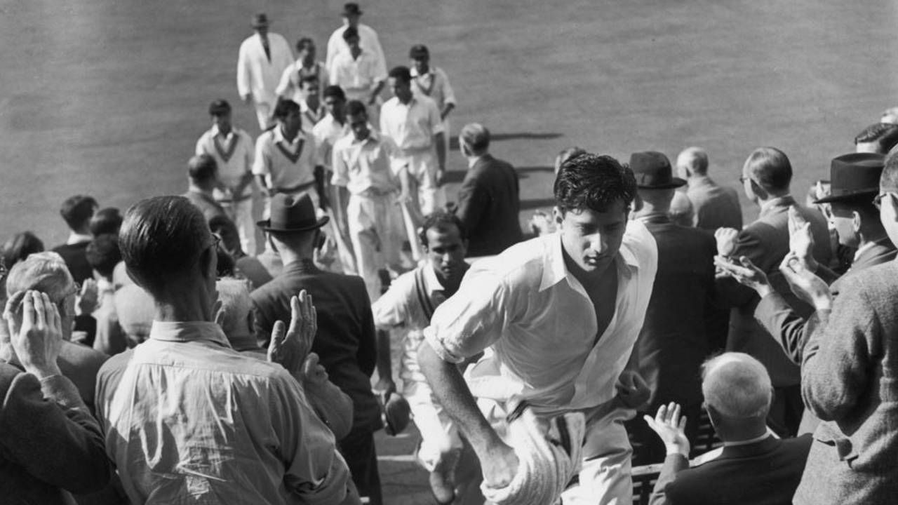 The Pakistan team, led out by Fazal Mahmood, leave the ground after levelling the series, England v Pakistan, 4th Test, The Oval, 5th day, August 17, 1954