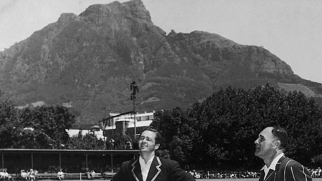 George Mann waits for Dudley Nourse to toss the coin at Newlands, South Africa v England, 3rd Test, Cape Town, 1st day, January 1, 1949