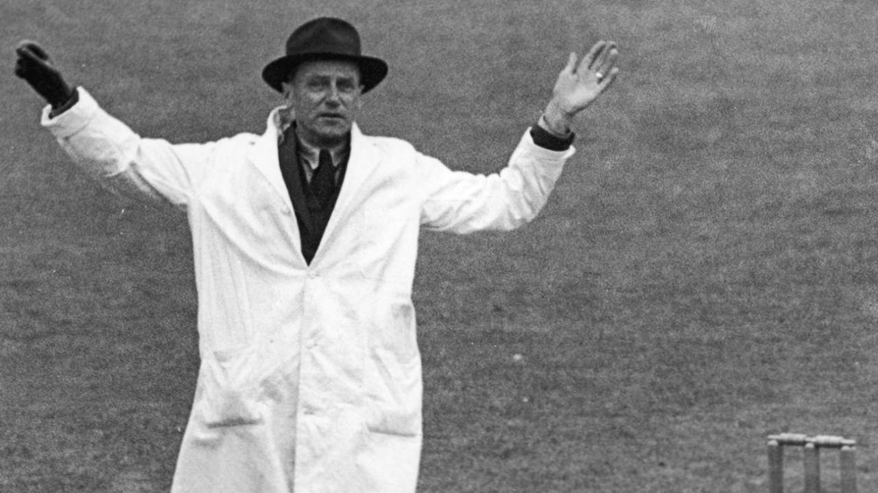 Umpire Frank Chester signals the only wide of the game, England v Australia, 3rd Test, Old Trafford, 3rd day, July 10, 1948