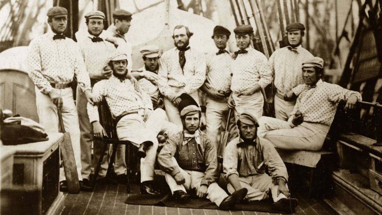 England's 12 Champion Cricketers on board a ship at Liverpool bound for America in September 1859. Back row (from left to right): Bob Carpenter, William Caflyn, Tom Lockyer, John Wisden (seated), HH Stephenson, George Parr, John Grundy, Julius Cesar, Tom Hayward and John Jackson. Seated at front: Alfred Diver and John Lillywhite.