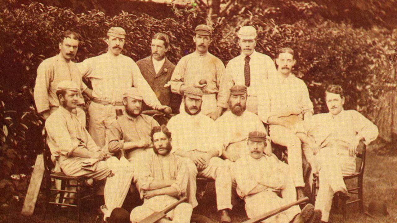 The 1876-77 squad which played the first Test against Australia at Melbourne in March 1877 pictured shortly before they left England.  Back: Harry Jupp, Tom Emmett, Alfred Hogben (a sponsor of the trip), Allan Hill, Tom Armitage. Front: Ted Pooley, James Southerton, James Lillywhite jnr, Alfred Shaw, George Ulyett, Andrew Greenwood. On ground: Harry Charlwood, John Selby.