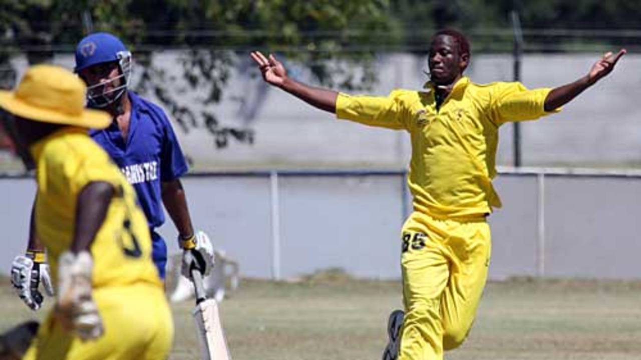 Danniel Ruyange celebrates one of his two important wickets