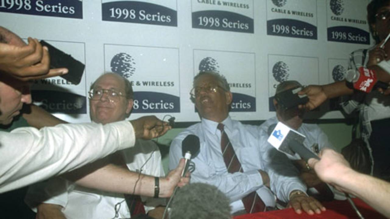 Match referee Barry Jarman explains the decision to the media shortly after the abandonment of the Test, West Indies v England, 1st Test, Jamaica, January 29, 1998