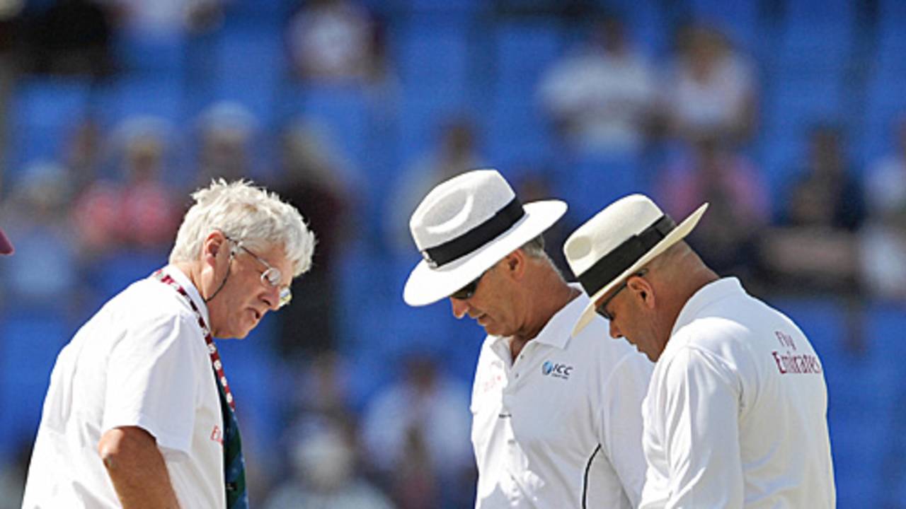 The match referee Alan Hurst inspects the pitch and run-ups with the two umpires, Daryl Harper and Tony Hill, West Indies v England, 2nd Test, St. Johns, Antigua, February 13, 2009