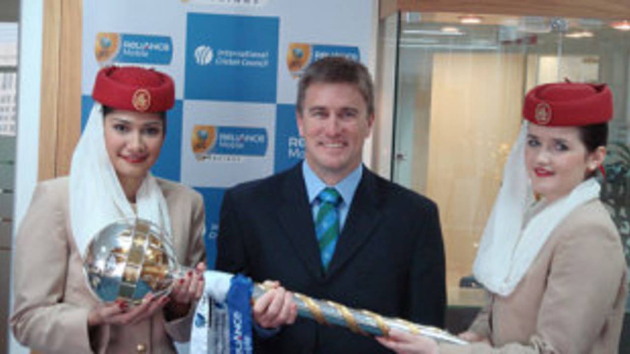 Errol Stewart, former South Africa wicketkeeper and ICC sponsorship services manager, hands over the ICC Test Championship mace to representatives from Emirates Airline. The mace is en route to Johannesburg where it will be presented to the winner of the South Africa v Australia Test series, Dubai, February 15, 2009