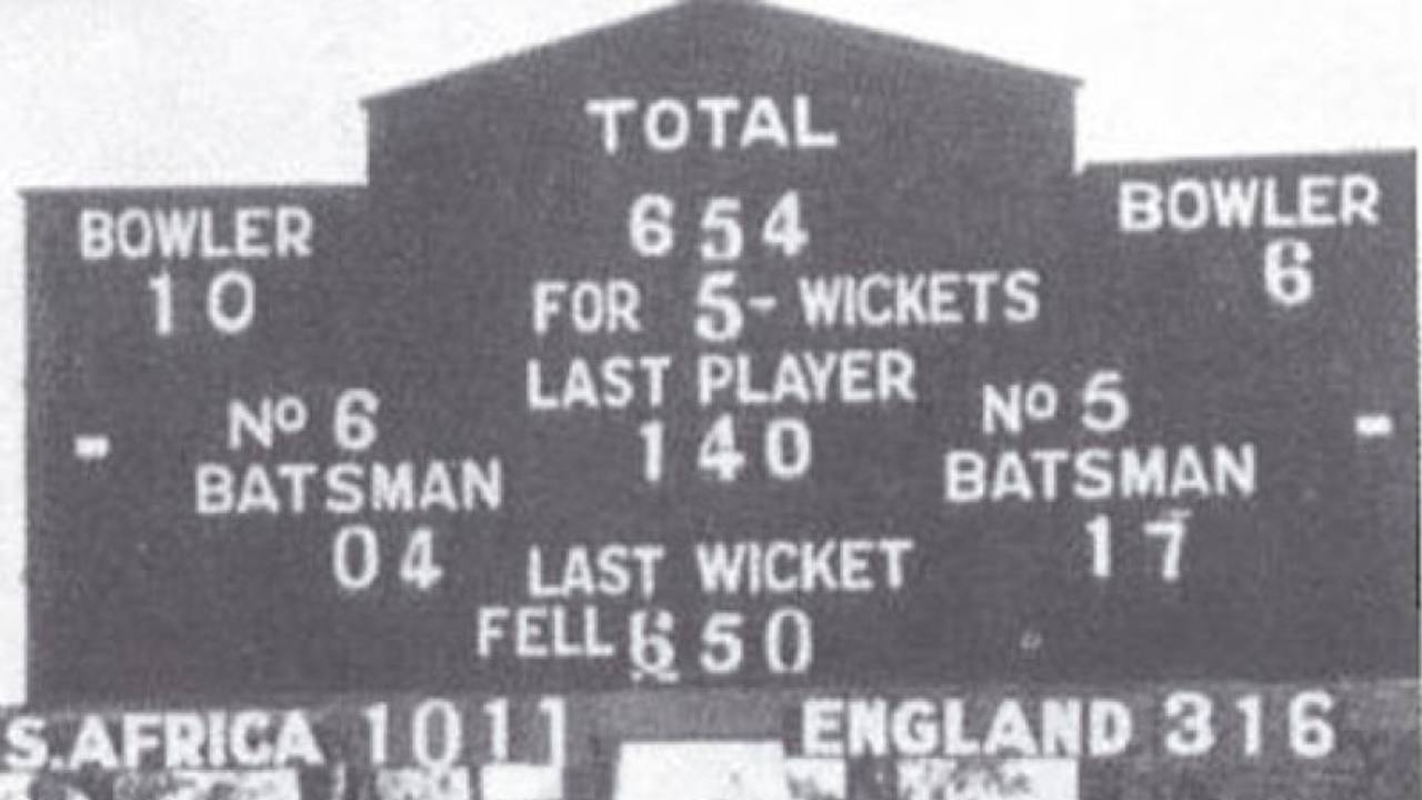 The scoreboard at the end of the Timeless Test, South Africa v England, 5th Test, Durban, March 14, 1939