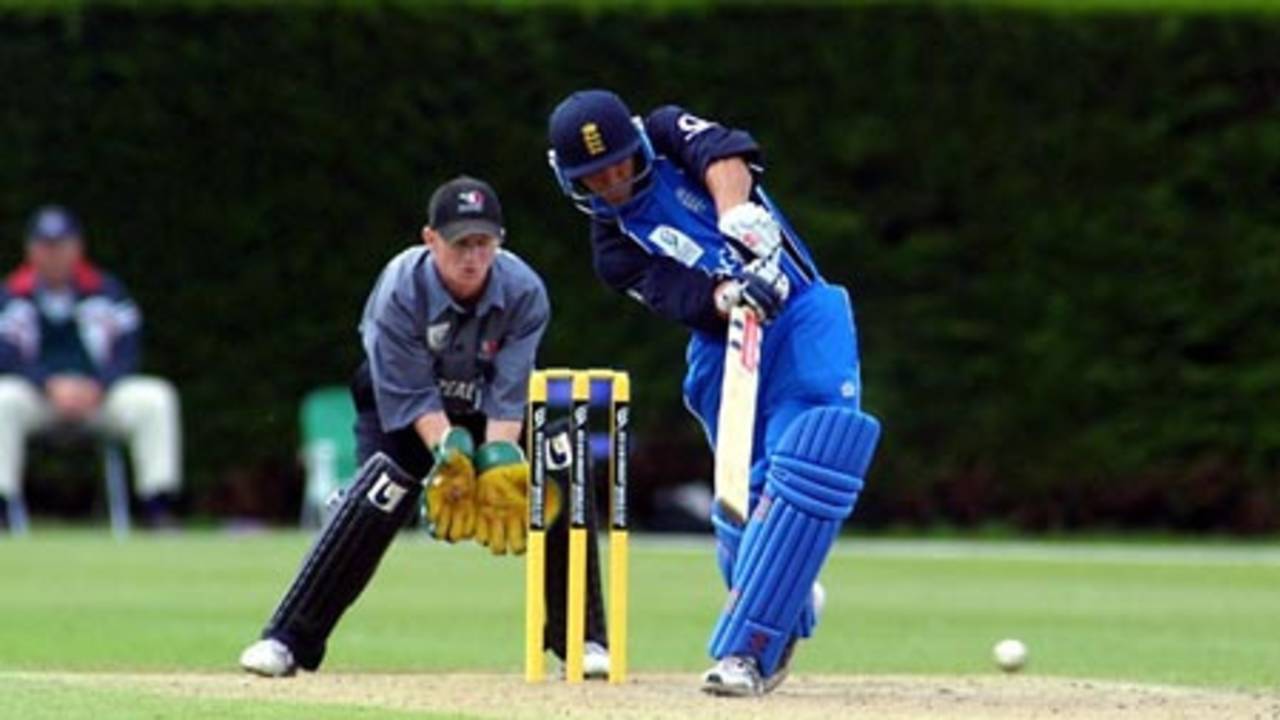 Pope drives a delivery straight down the ground. ICC Under-19 World Cup Super League Group 2: England Under-19s v New Zealand Under-19s at Lincoln, 28 Jan 2002