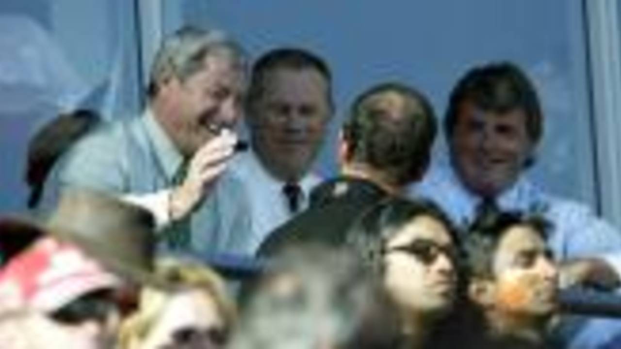 Members of the New Zealand selection panel enjoy watching the match. From left: chairman of selectors Sir Richard Hadlee, New Zealand Cricket operations manager John Reid and selector Brian McKechnie. 3rd ODI: New Zealand v India at Jade Stadium, Christchurch, 1 January 2003.