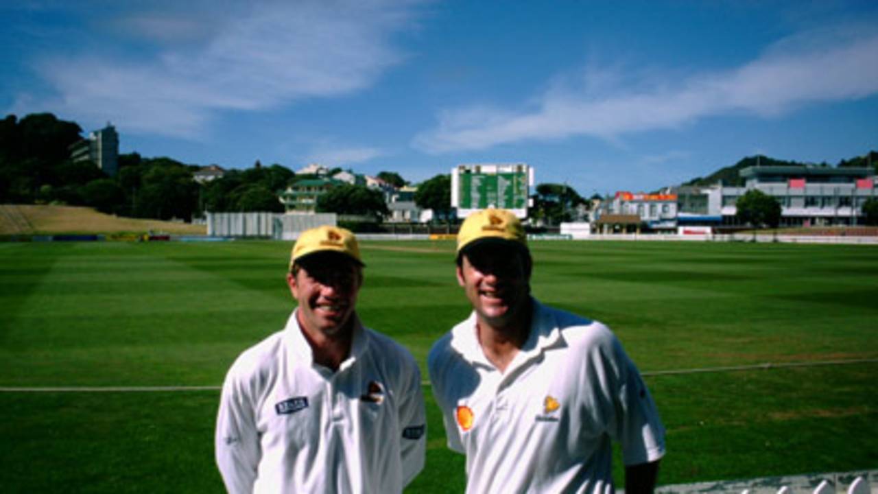 Richard Jones (188) and Stephen Mather (107) the day after sharing a partnership of 274, breaking the all-time Wellington 4th wicket partnership record which stood for 73 years. Shell Trophy: Wellington v Otago at Basin Reserve, Wellington, 15 January 2001.
