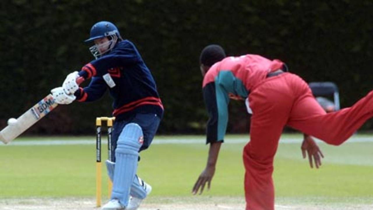 Subedi cuts a delivery from Mbwembwe. ICC Under-19 World Cup Plate Championship Final: Nepal Under-19s v Zimbabwe Under-19s at Lincoln, 8 Feb 2002