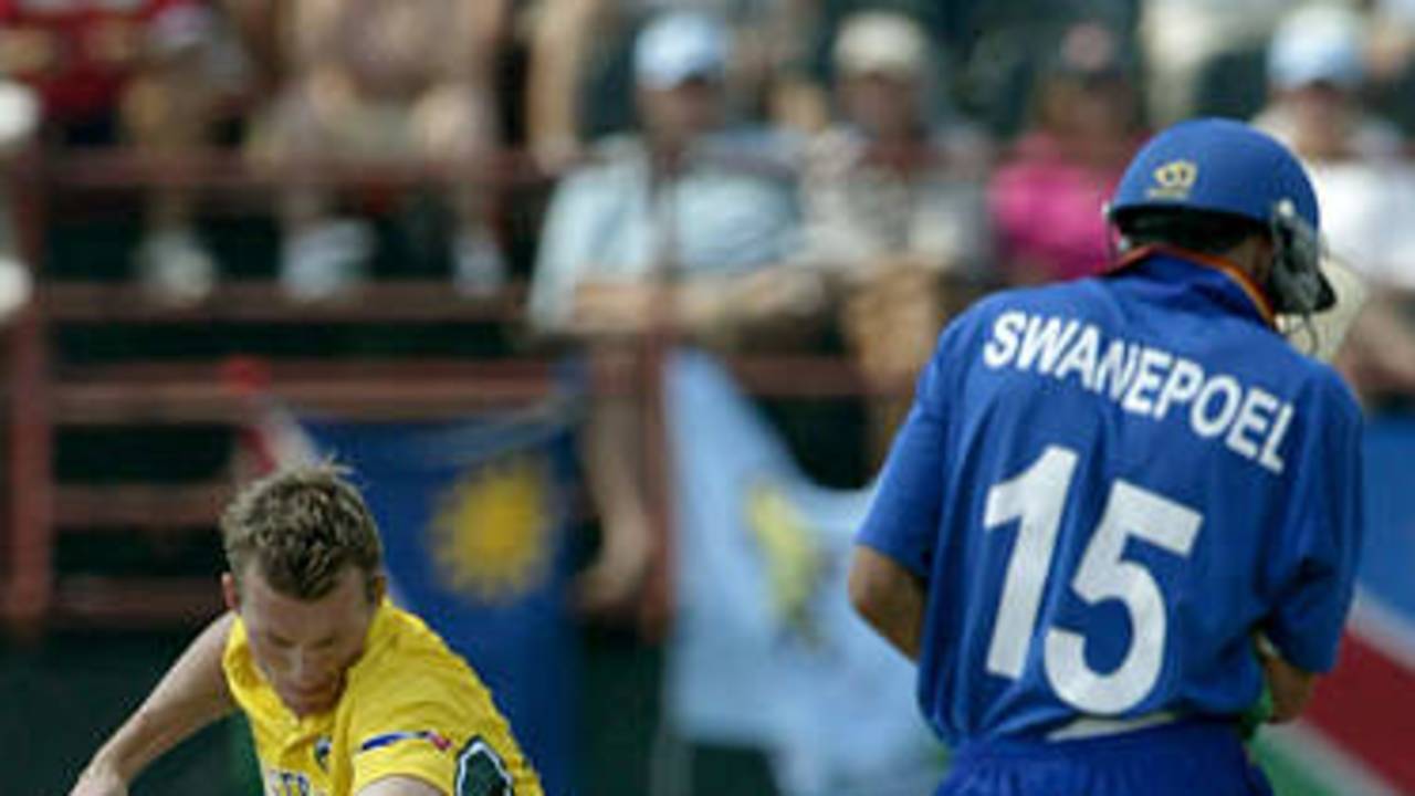 Brett Lee celebrates taking the wicket of Stefan Swanepoel