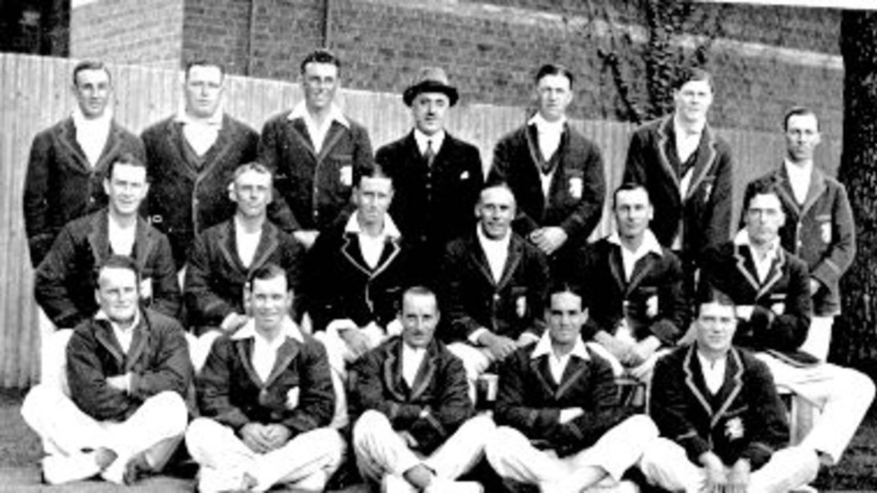 Australia v England, 1924-5 England touring party left to right back row  Bryan, Tyldesley, Tate, Toone, Whysall, Chapman, Sandham front row Strudwick, Douglas, Gilligan, Hobbs, Woolley on ground Hendren, Freeman, Sutcliffe, Howell