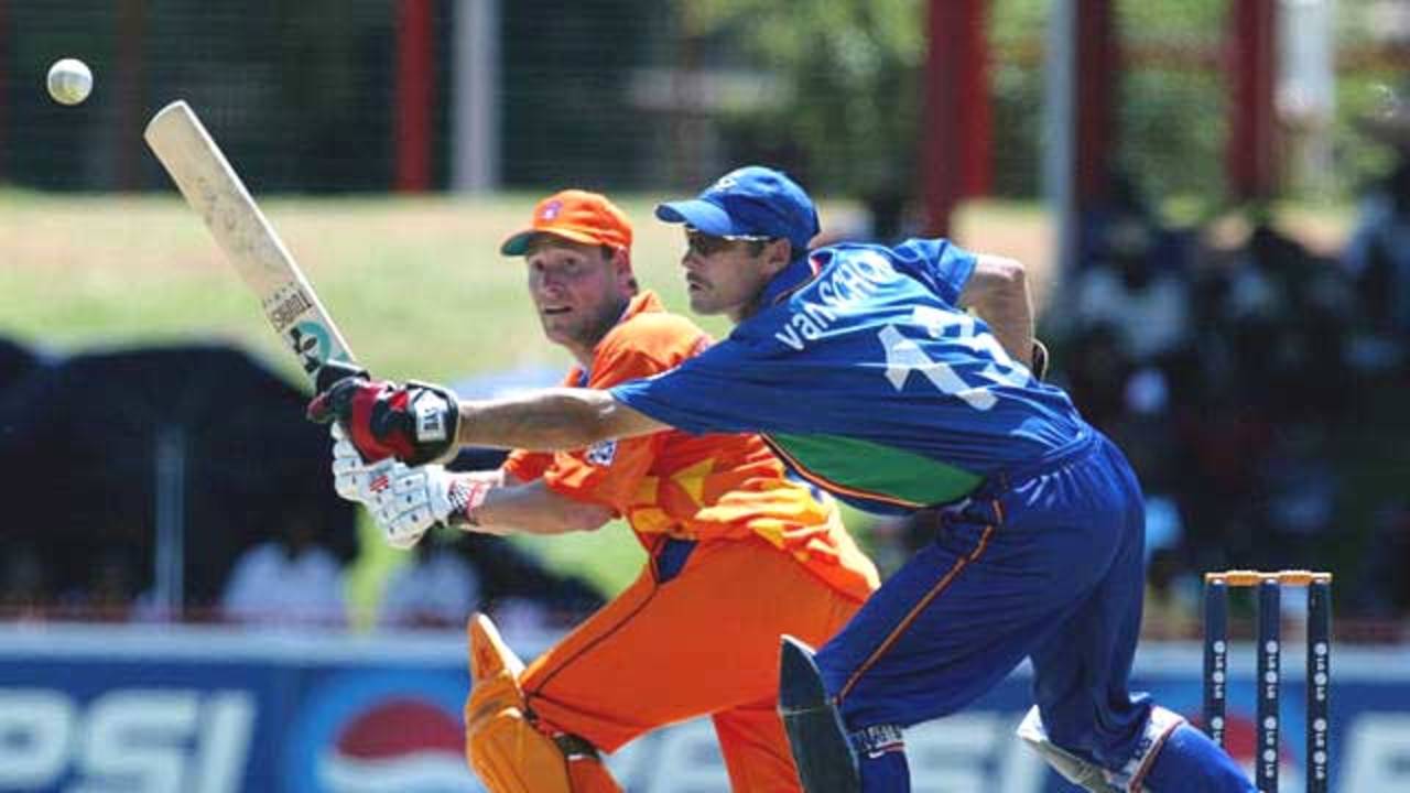 Klaas-Jan van Noortwijke sweeps one past Namibian wicket-keeper Melt van Schoor at Bloemfontein