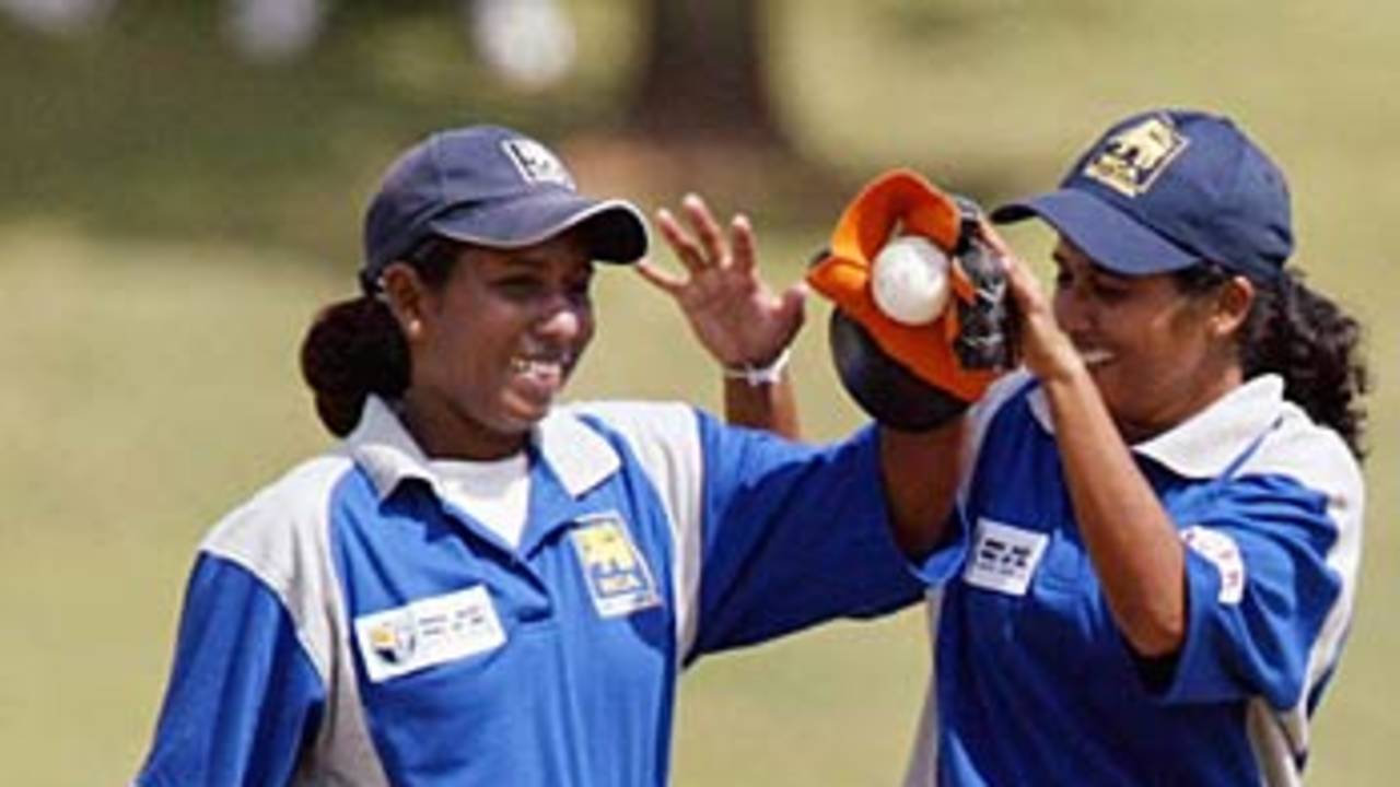 Thanuga Ekanayake and Inoka Galagedara celebrate a run out, Australia v Sri Lanka, Women's World Cup, March 30, 2005