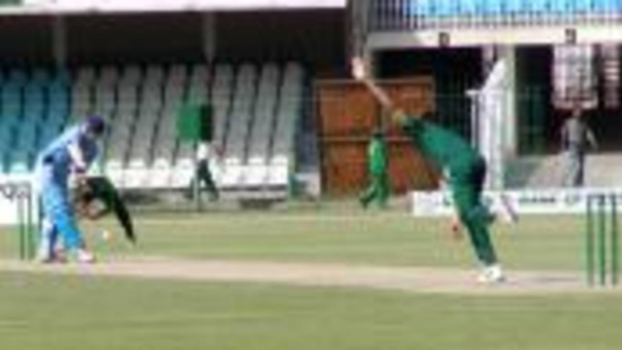 Umar Gul has Adil Nisar leg before, NBP Patron's Cup final, Gaddafi Stadium, 31 March 2003