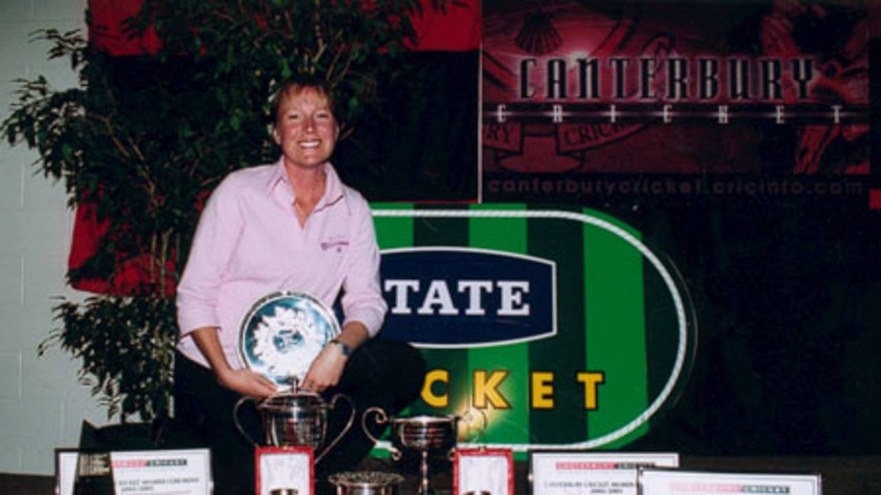 St Albans player Nicola Payne shows off her collection of club and representative awards. Payne won the Stead Rose Bowl for scoring the most runs in women's first grade, the Jean Ruddenklau Trophy for consistency in both women's club and representative cricket, the Women's Club Cricket Player of the Year award, the Air New Zealand State Canterbury Magician Batsman of the Year award, the Christchurch Casino State Canterbury Magician Most Outstanding Performance award and was named the State Canterbury Magician Player of the Year. Canterbury Cricket Association Awards 2002/03 at the Canterbury Horticultural Society Hall at Christchurch, 10 April 2003.