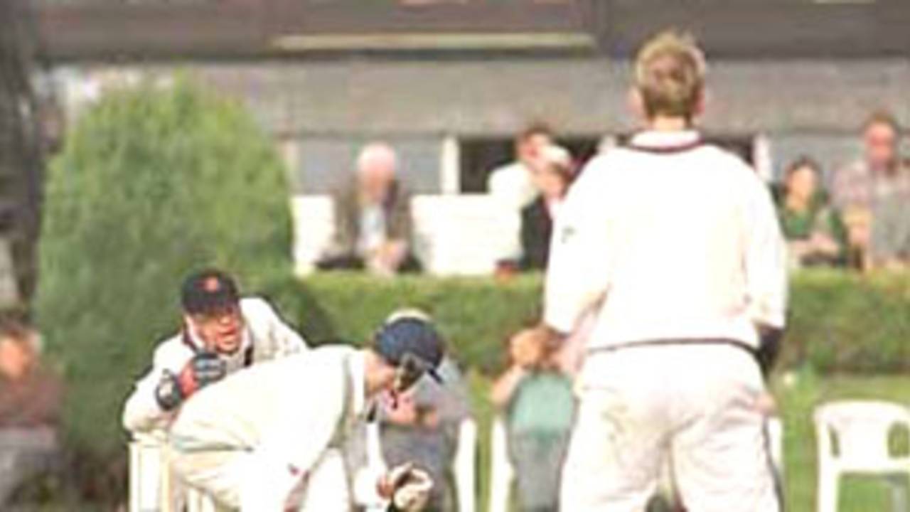 Sayers being stumped by Hegg of the bowling off Schofield
